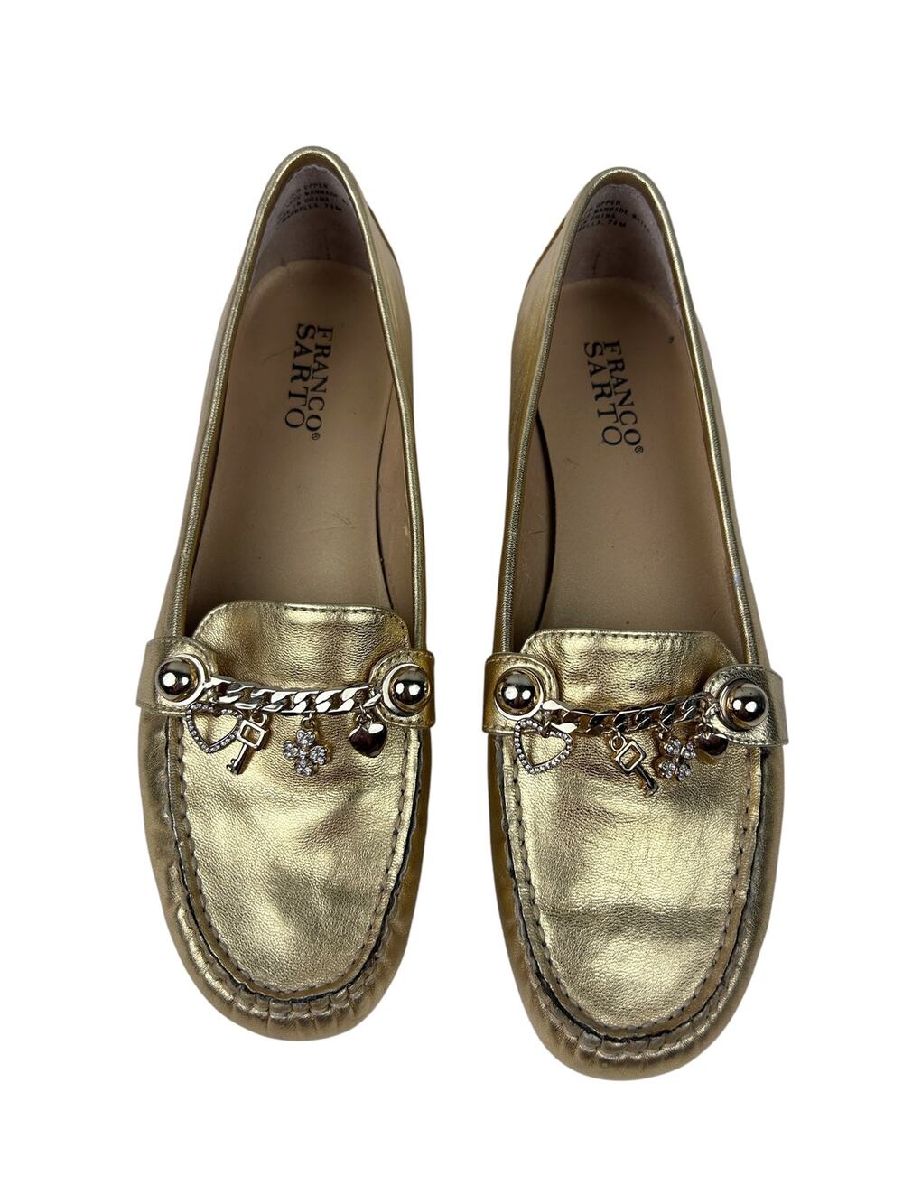 Franco Sarto Y2K Leather Gold Metallic Moc Tie Charm Preppy Loafers 7.5